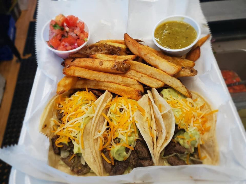 Pescado KW steak tacos with fries and salsa